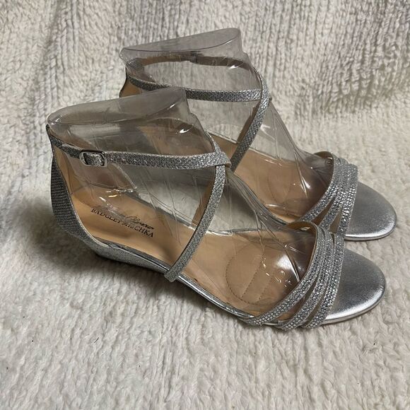 Badgley Mischka synthetic Silver  glitter Strappy wedge Sandals SZ11 - Picture 3 of 11